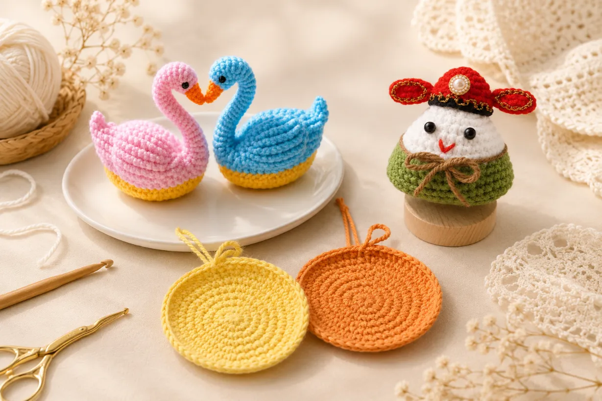 10 Minute Crochet Projects for Beginners 1 Collection of handmade crochet projects including pastel swans, round crochet coasters, and a cute amigurumi doll arranged on a cozy neutral crochet-themed background.