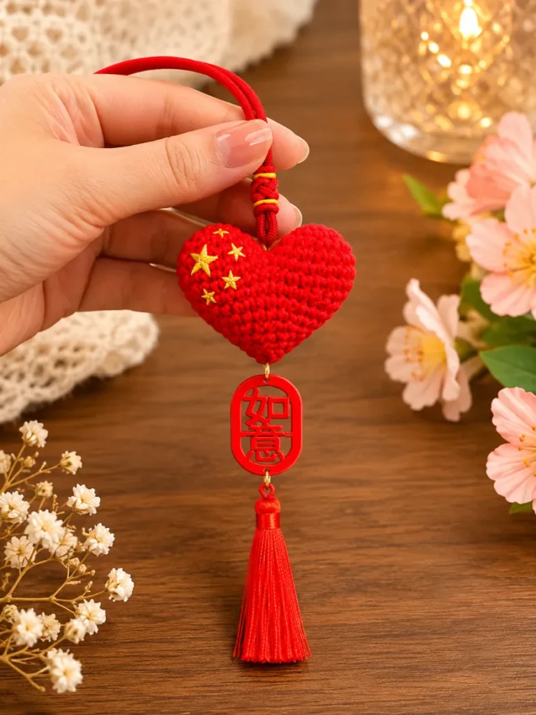 Cute Crochet Heart Phone Charm Pattern 2 Handmade red crochet heart phone charm with tassel and decorative hanging detail held in hand against a cozy aesthetic background.