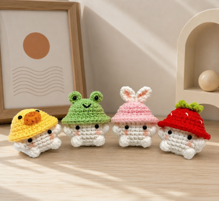 Tiny Crochet Mushroom Pattern for Beginners 8 Tiny crochet mushroom amigurumi with frog, bunny, duck, and strawberry hats on a cozy aesthetic background.