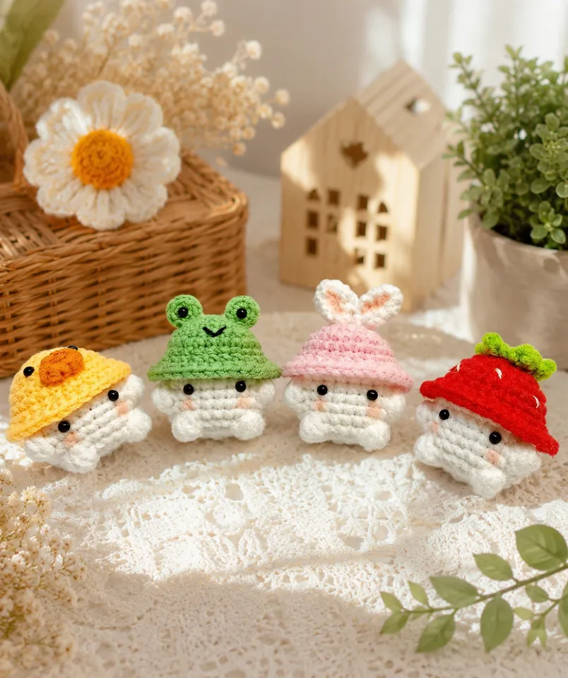 Tiny Crochet Mushroom Pattern for Beginners 2 Tiny crochet mushroom amigurumi plushies with frog, bunny, duck, and strawberry hats on a cozy aesthetic crochet background.