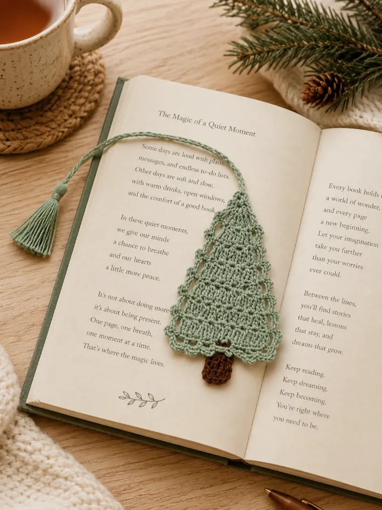 Small Crochet Bookmark Pattern 3 Small crochet bookmark inside an open book with cozy aesthetic decor and tassel detail.