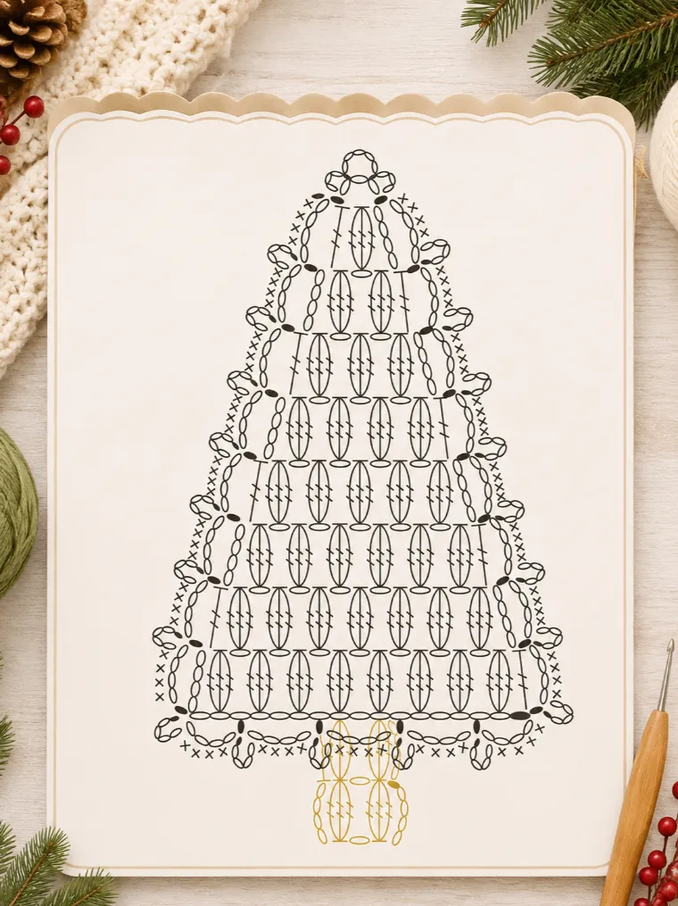 Small Crochet Bookmark Pattern 2 Crochet Christmas tree bookmark chart pattern with cozy holiday crochet background and festive handmade decor.