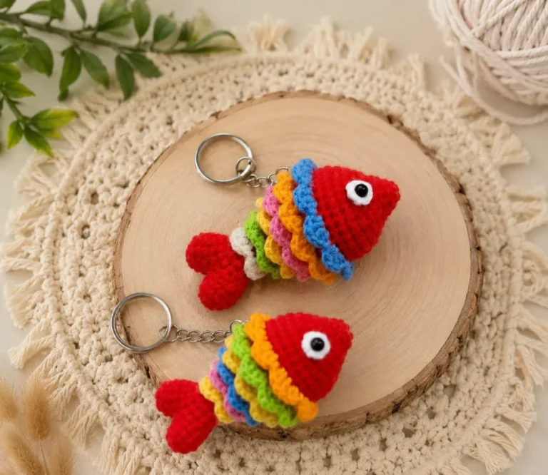 Small Crochet Keychain Ideas 3 Colorful crochet rainbow koi fish keychains displayed on a wooden slice with a cozy neutral crochet background and soft handmade decor accents.