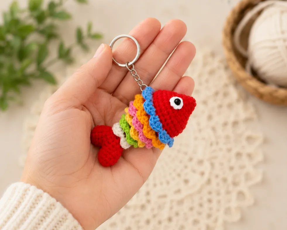 Small Crochet Keychain Ideas 2 Hand holding a colorful Small Crochet Keychain rainbow fish keychain with layered scallop scales in a cozy handmade crochet setting.