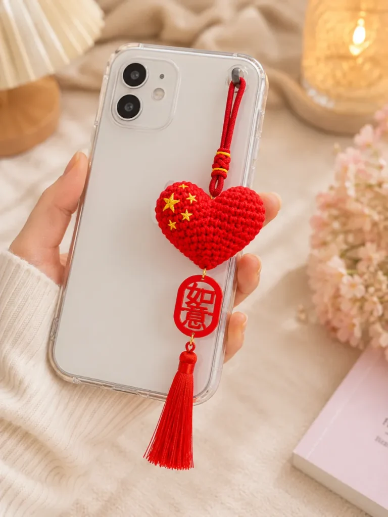 Cute Crochet Heart Phone Charm Pattern 4 Red crochet heart phone charm attached to a smartphone case with tassel and handmade crochet details in a cozy aesthetic setup.