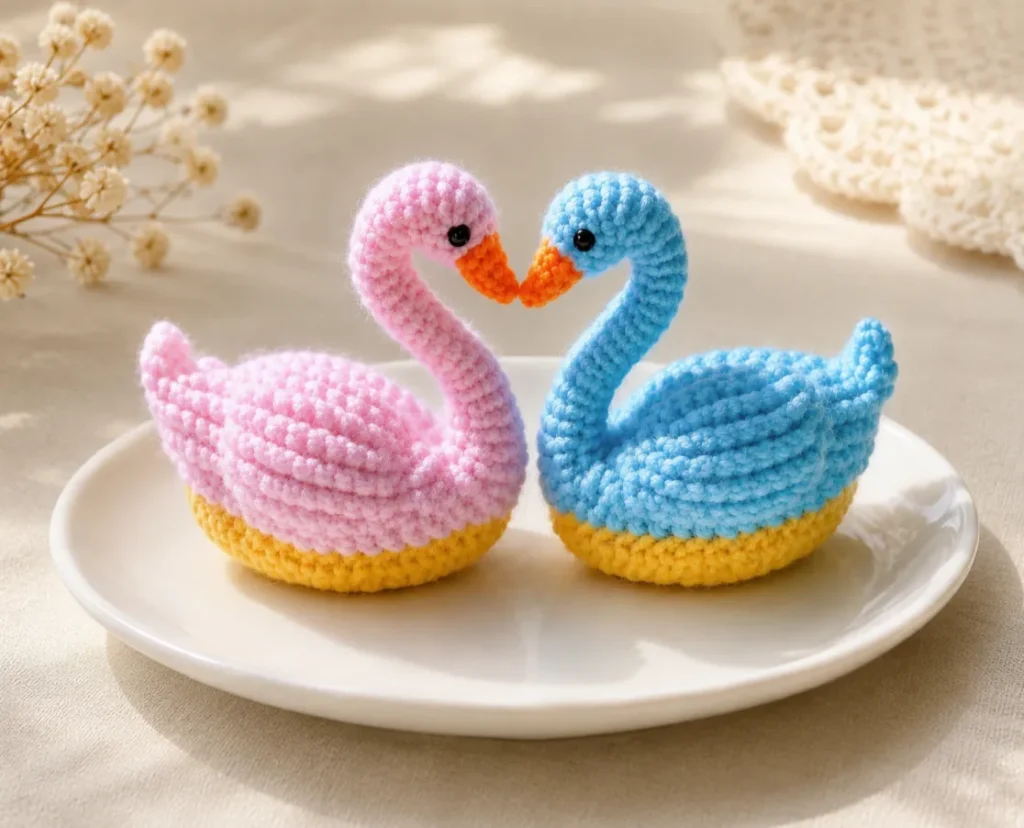 10 Minute Crochet Projects for Beginners 3 Two handmade crochet swans in pink and blue yarn forming a heart shape with their necks while sitting on a white plate against a soft neutral background.