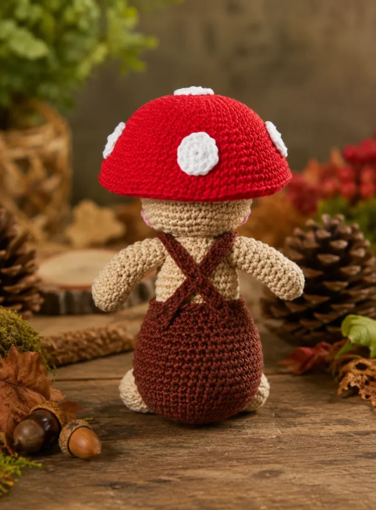 Cute Mini Amigurumi Mushroom Pattern 3 Handmade crochet mushroom doll with a red toadstool hat and brown overalls displayed on a rustic autumn-inspired wooden background with pinecones and fall leaves.