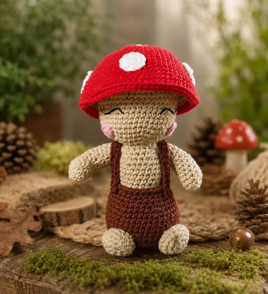 Cute Mini Amigurumi Mushroom Pattern 2 Handmade Mini Amigurumi Mushroom Pattern doll wearing a red toadstool hat and brown overalls displayed in a cozy woodland-inspired autumn setting.