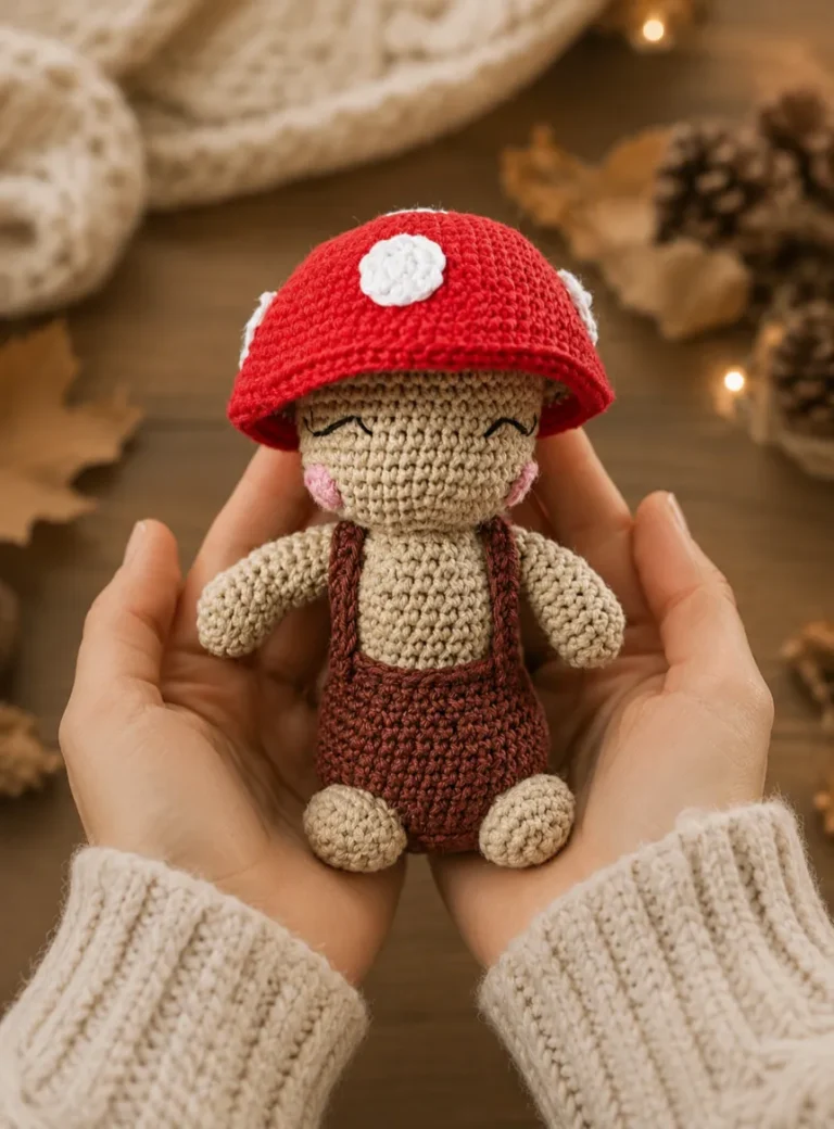 Handmade crochet mushroom doll held gently in two hands with a cozy autumn-inspired background featuring pinecones, warm lights, and rustic woodland decor.