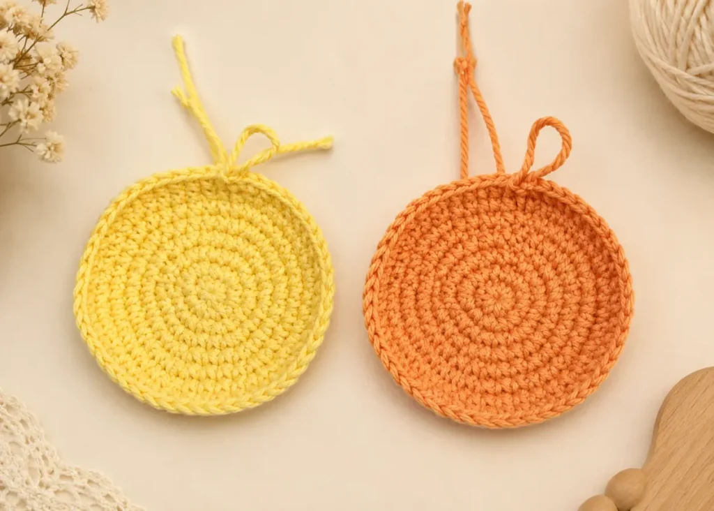 10 Minute Crochet Projects for Beginners 2 Two handmade round crochet coasters in pastel yellow and soft orange displayed on a cozy neutral crochet-themed background with lace and yarn accents taht 1 of 10 Minute Crochet Projects for Beginners