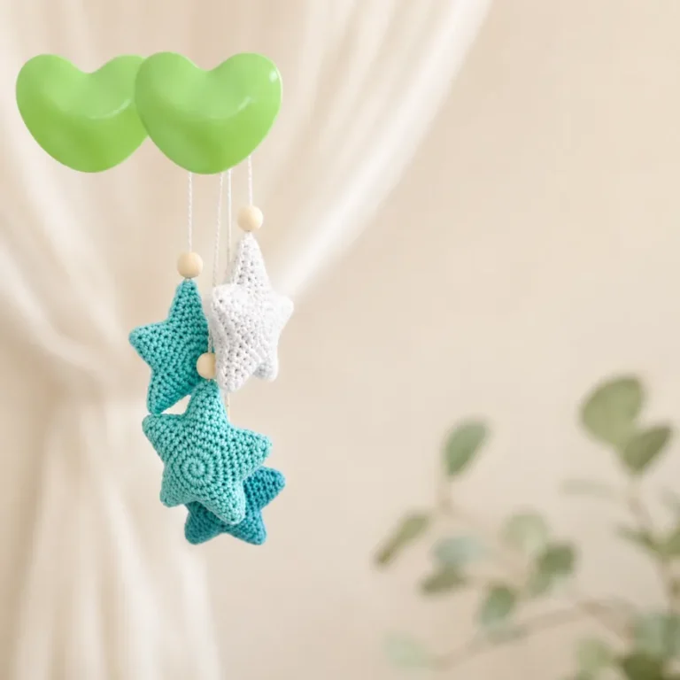 Beginner Small Crochet Star Pattern 6 Crochet star nursery hanging decoration with soft turquoise and white stuffed stars suspended from green heart-shaped balloons against a cozy neutral background.