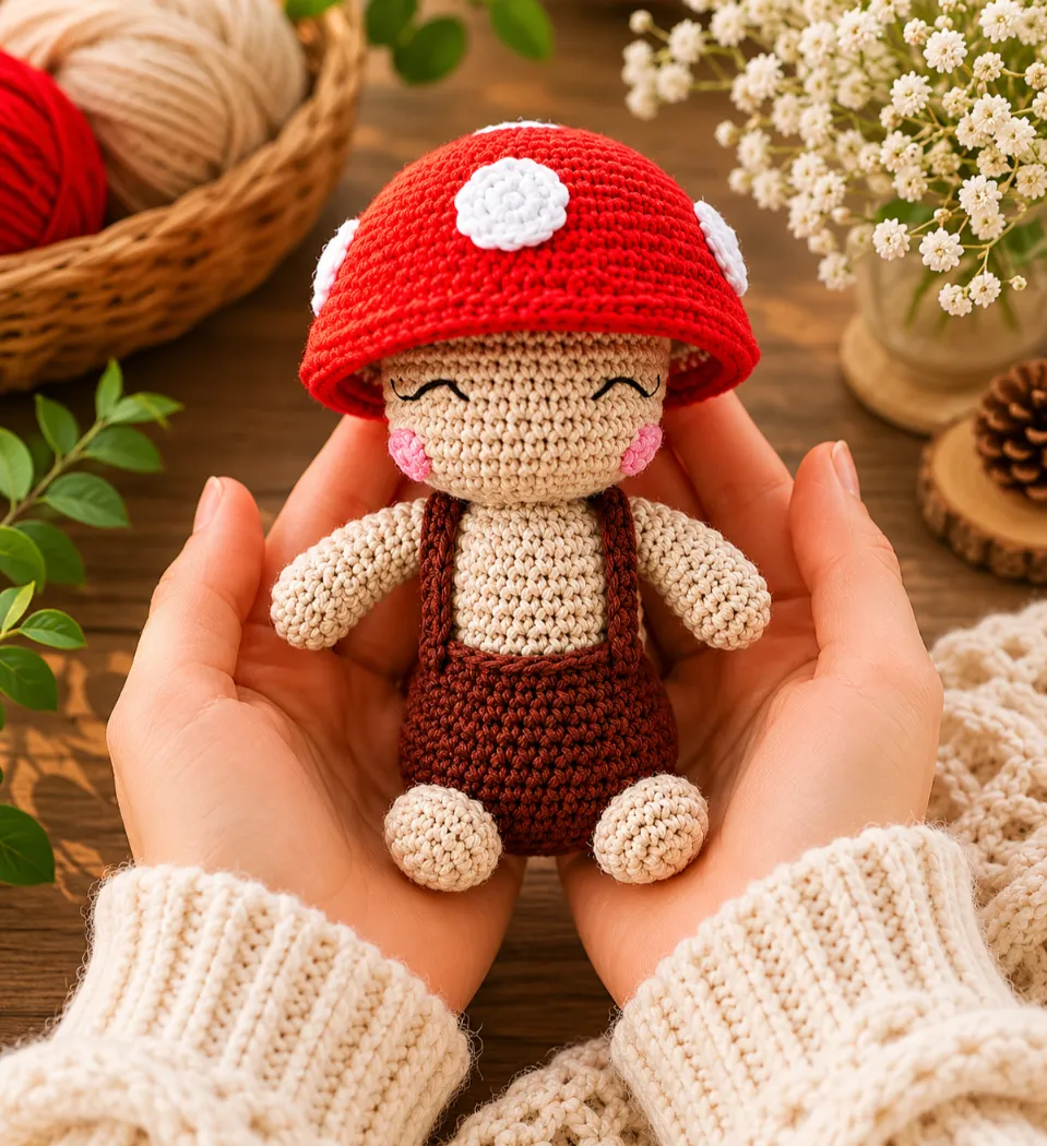 Best Small Crochet Projects for Beginners 11 Cute mini amigurumi mushroom plush with red toadstool hat and cozy handmade crochet details held in hands against a warm cottagecore background.