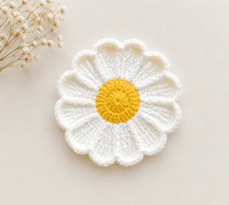 Easy Crochet daisy Coaster Pattern (Beginner-Friendly) 4 White and yellow Crochet daisy Coaster Pattern on a soft beige background with minimal dried flowers, styled in a clean handmade aesthetic with natural lighting.
