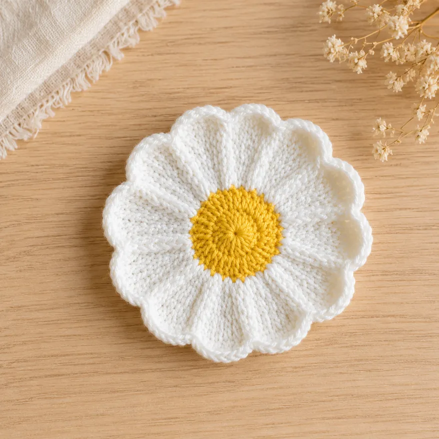 Easy Crochet daisy Coaster Pattern (Beginner-Friendly) 2 Handmade Crochet daisy Coaster Pattern with textured white petals and a yellow center displayed on a light wooden background with soft neutral decor and natural lighting.