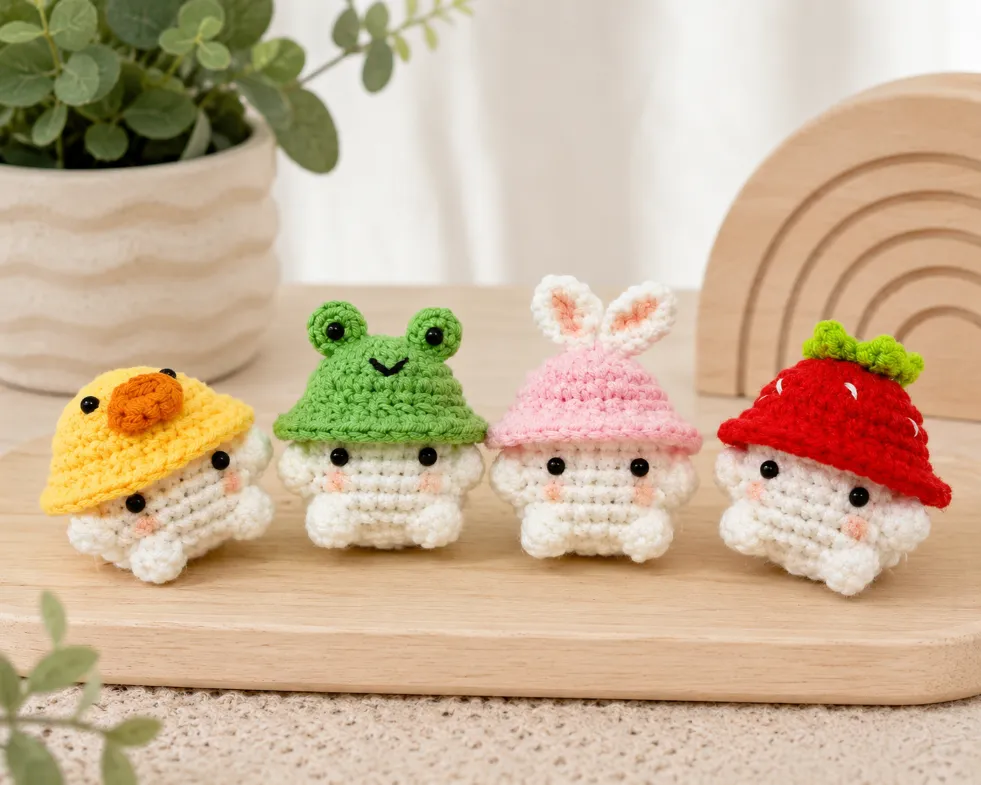 Best Small Crochet Projects for Beginners 6 Tiny crochet mushroom amigurumi plushies with frog, bunny, duck, and strawberry hats displayed on a cozy wooden background.