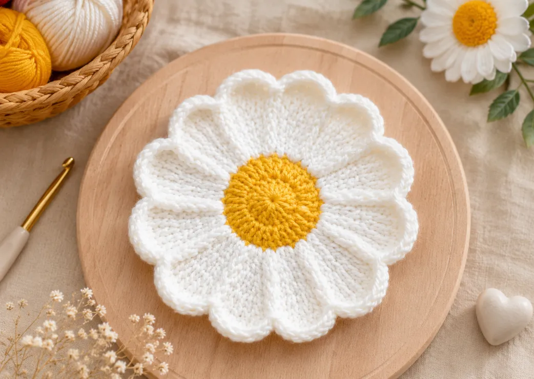 Best Small Crochet Projects for Beginners 5 White and yellow crochet daisy flower on a wooden tray with cozy yarn and crochet tools in a soft aesthetic background.