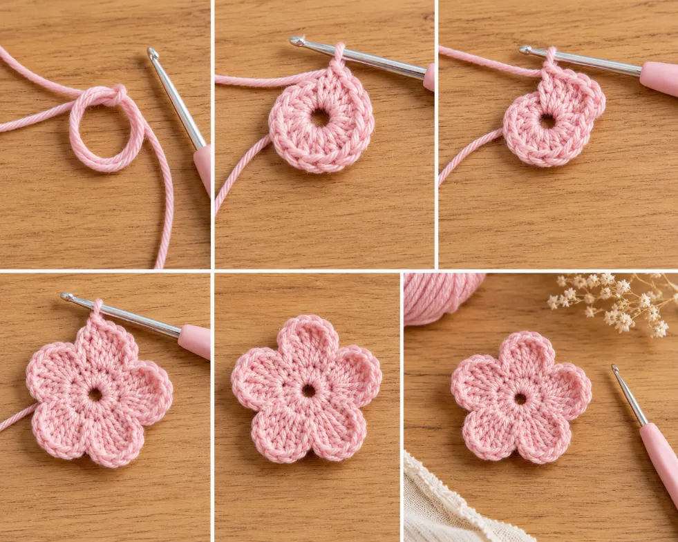 Easy Small Crochet Flower Tutorial for Beginners 2 step-by-step small crochet flower tutorial for beginners