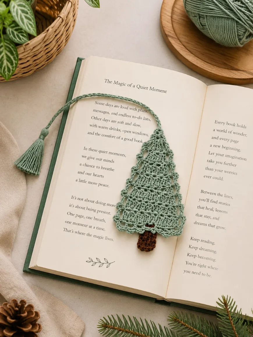 Best Small Crochet Projects for Beginners 7 Green crochet Christmas tree bookmark placed inside an open book with a cozy handmade crochet aesthetic and soft reading corner background.