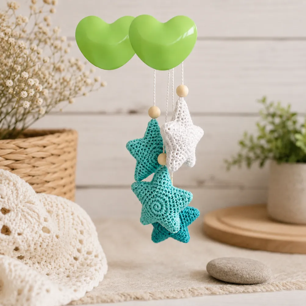 Best Small Crochet Projects for Beginners 9 Handmade crochet star mobile with soft blue and white plush stars hanging from green heart-shaped clouds in a cozy nursery-inspired setting.