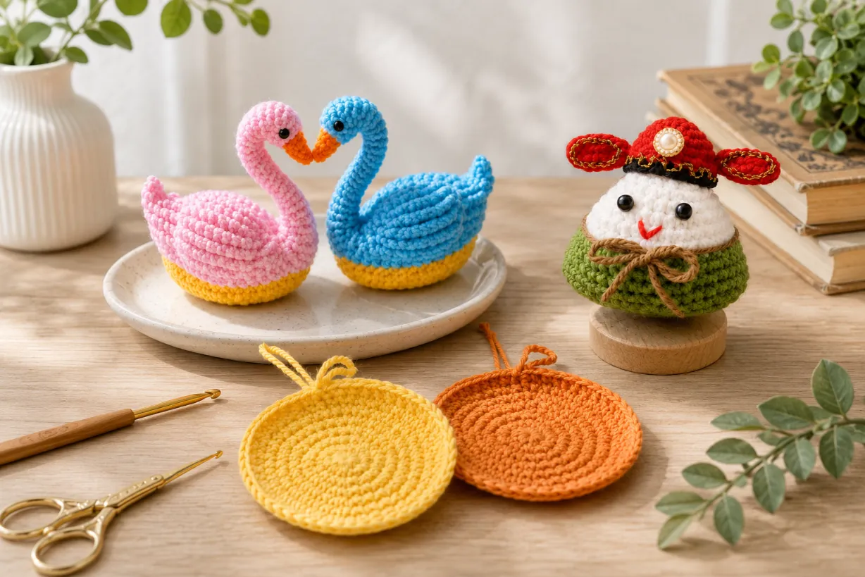Best Small Crochet Projects for Beginners 10 Collection of handmade crochet projects including pastel swans, colorful round coasters, and a cute amigurumi doll displayed in a cozy crochet workspace.