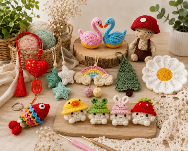 Best Small Crochet Projects for Beginners 5 Creative collection of handmade crochet projects displayed in a cozy natural setting, featuring crochet mushrooms, swans, rainbow charm, flower coaster, crochet stars, fish keychain, heart phone charm, Christmas tree bookmark, and mini amigurumi accessories.