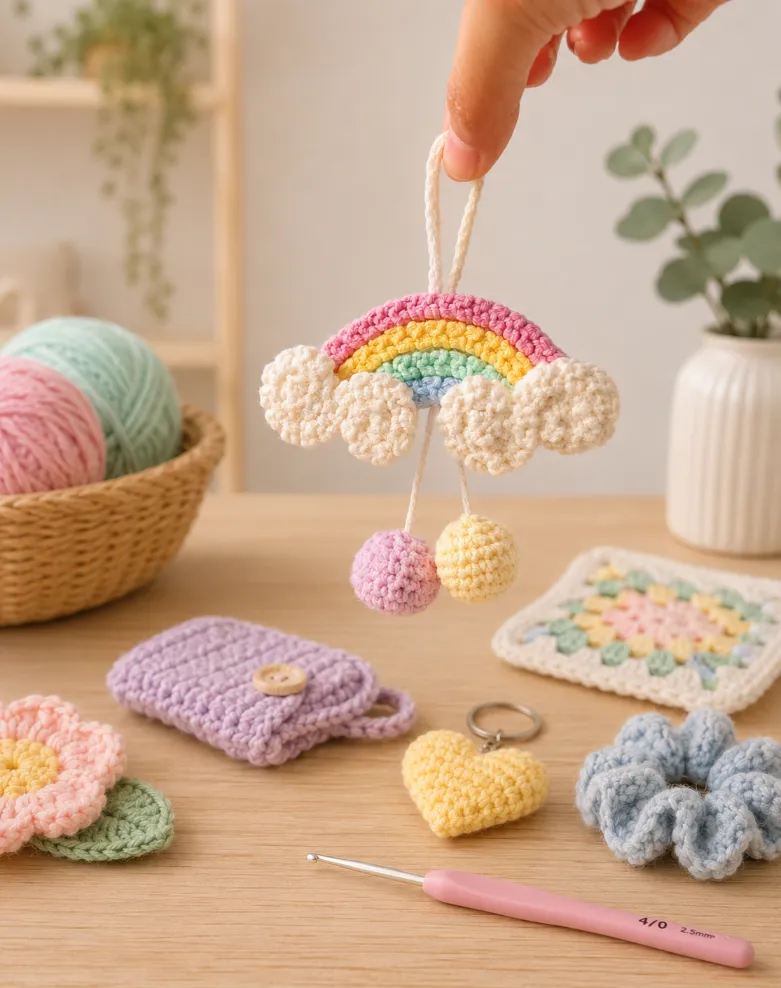 Home 5 Hand holding a pastel crochet rainbow ornament above a wooden table filled with quick and easy crochet projects and pastel yarn.