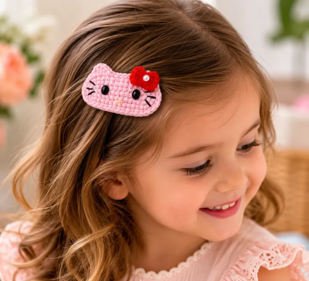 Kitty Hair Clip Crochet Pattern for Beginners (So Easy And Free!) 2 Handmade Kitty Hair Clip Crochet Pattern displayed on a ceramic dish, featuring a pink crochet cat face with black safety eyes, embroidered whiskers, a red bow, and a pearl accent.