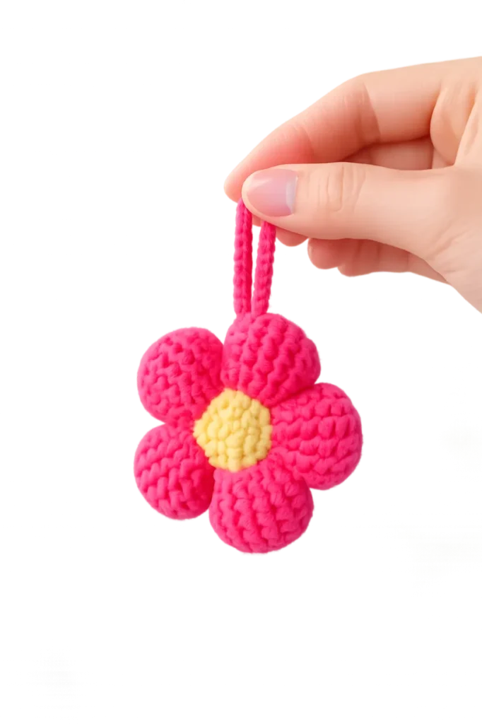 Free Puffy Flower Keychain Crochet Pattern (Quick Gift) 2 Hand holding a handmade pink Puffy Flower Keychain Crochet Pattern with a yellow center against a soft blurred background.