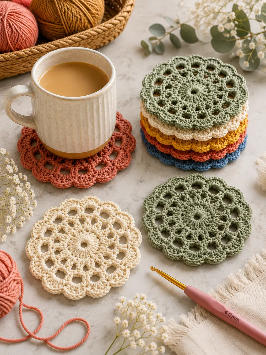 Easy Crochet Coaster Pattern for Beginners 1 Handmade crochet coaster pattern with floral lace details styled on a light stone surface with coffee mug, yarn, and crochet hook.
