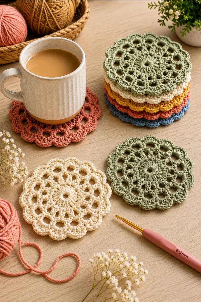 Easy Crochet Coaster Pattern for Beginners 2 Easy crochet coaster pattern with scalloped lace edges displayed on a wooden table beside a coffee mug and crochet supplies.