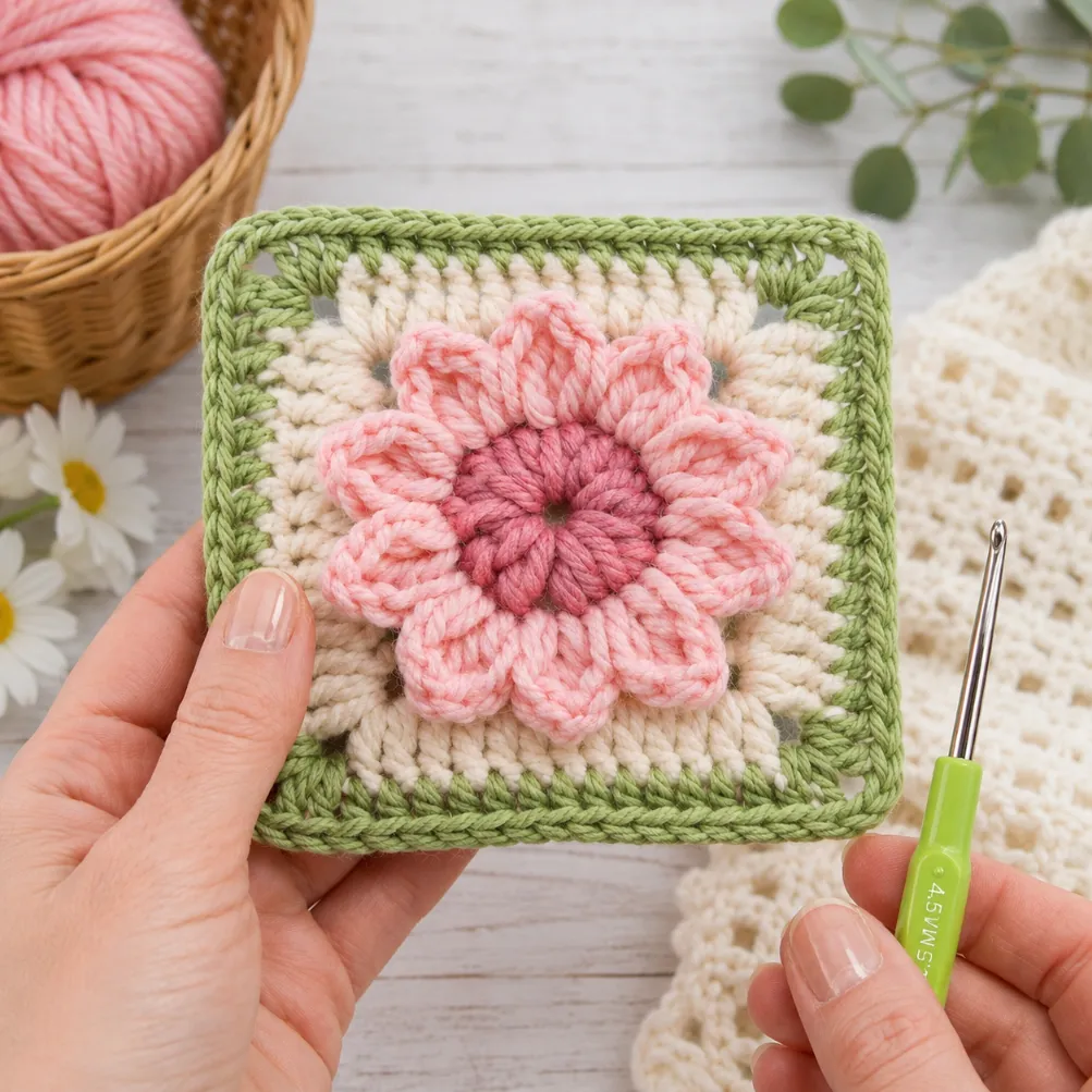 Hand holding a Lotus Granny Square Pattern featuring pink flower petals, a cream background, and a green crochet border