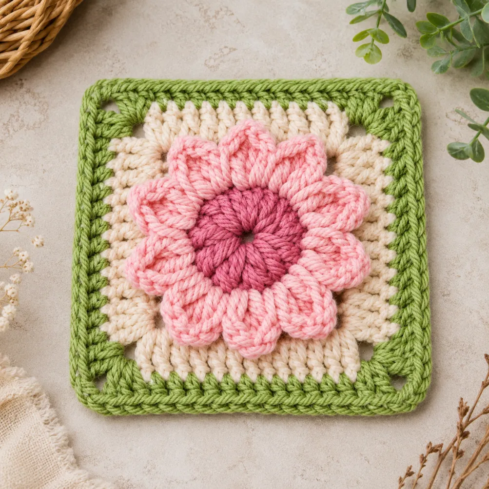 Finished Lotus Granny Square Pattern featuring pink lotus petals, a cream crochet background, and a green granny square border