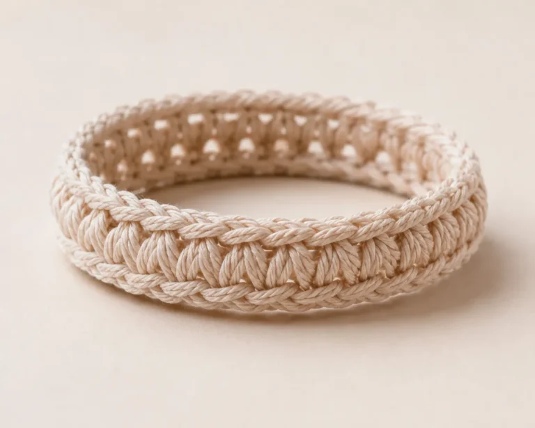 Cute Crochet Bangle Bracelet Pattern 9 Finished Crochet Bangle Bracelet Pattern featuring textured puff stitches crocheted around a 70 mm bangle with a clean neutral background.