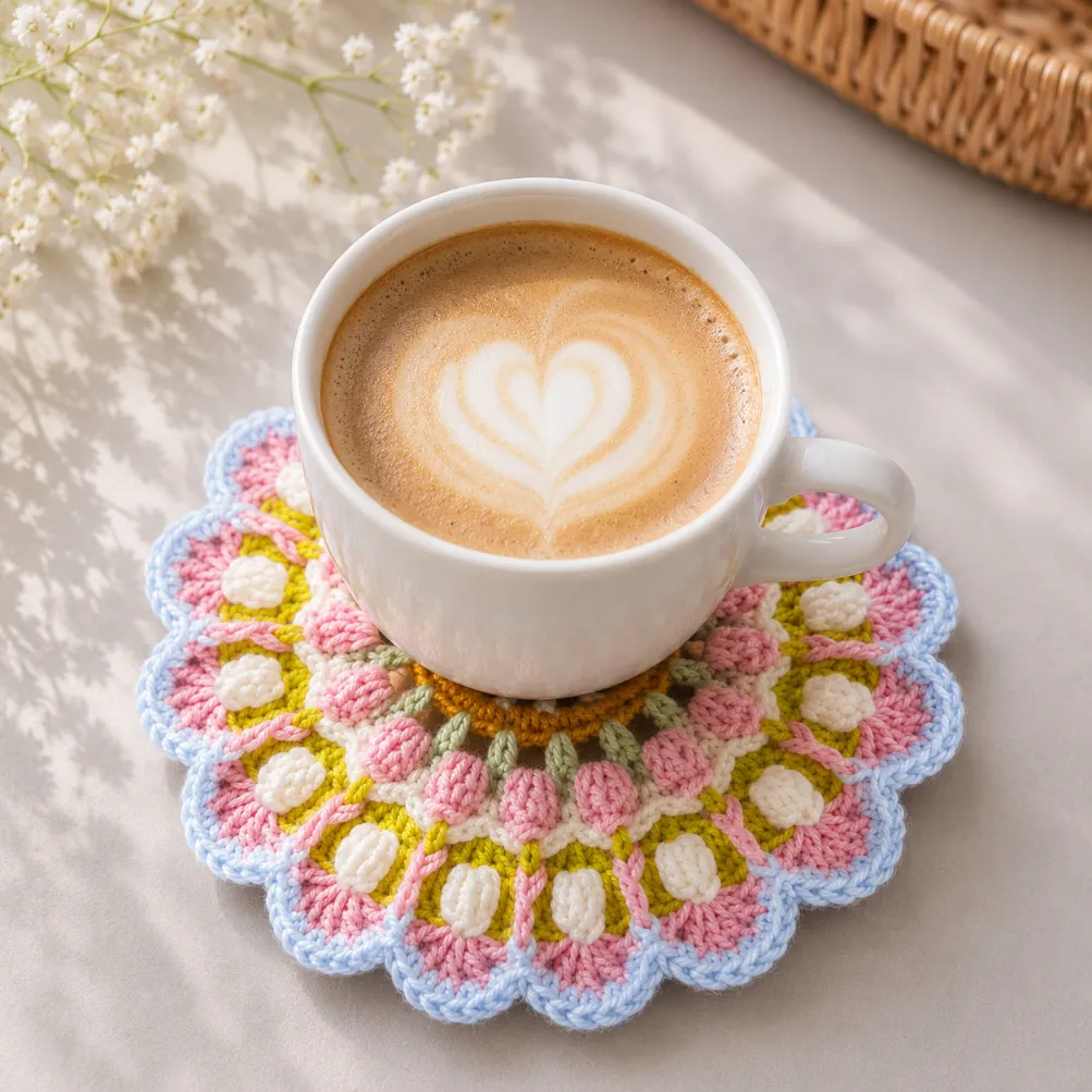 Quick Flower Crochet Coaster Pattern in Under 30 Minutes 2 Handmade Flower Crochet Coaster Pattern in soft pastel colors with a white coffee cup resting on top, featuring a 3D floral design with popcorn stitches and scalloped blue edging on a cozy tabletop.