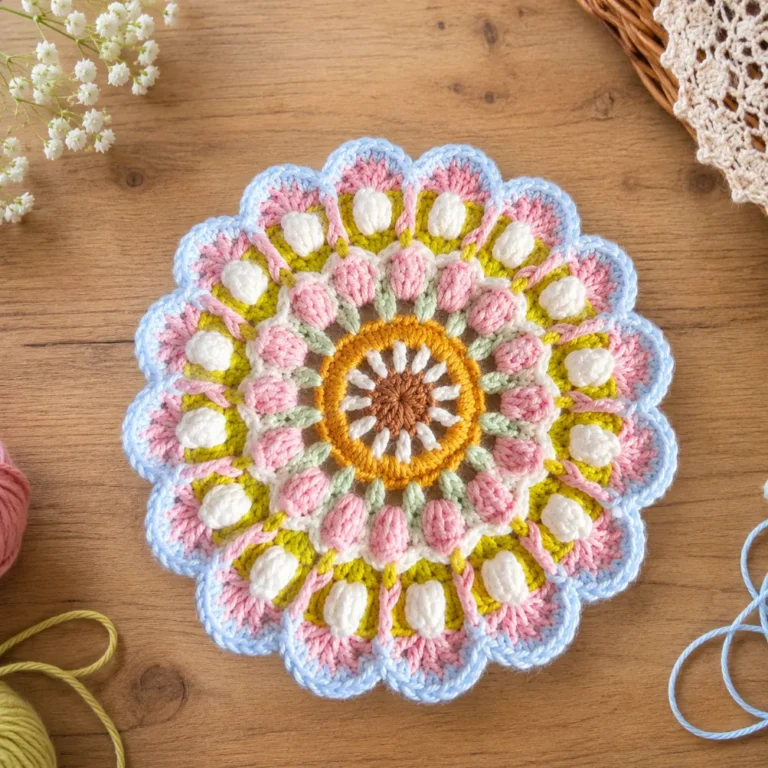 Quick Flower Crochet Coaster Pattern in Under 30 Minutes 7 Handmade flower crochet coaster featuring a 3D floral mandala design in pastel pink, white, sage green, golden yellow, and powder blue, displayed on a rustic wooden table under soft natural light.