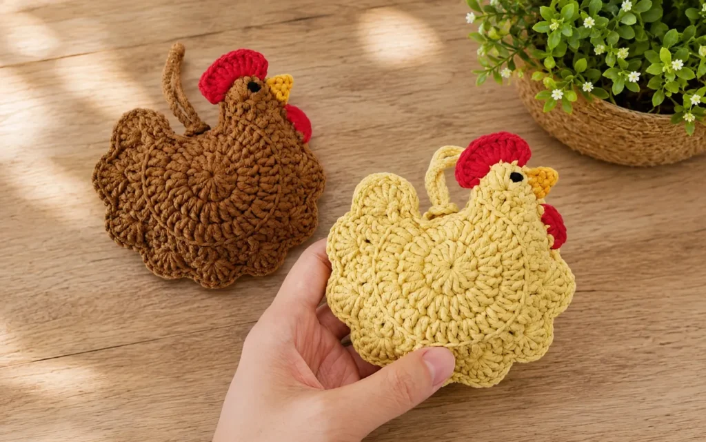 Free Crochet Chicken Mini Bag Pattern You'll Love Making 2 Handmade Crochet Chicken Mini Bag Pattern in brown and pale yellow displayed on a natural wooden table, featuring a cute farmhouse-inspired design with textured cotton yarn and colorful crochet details.