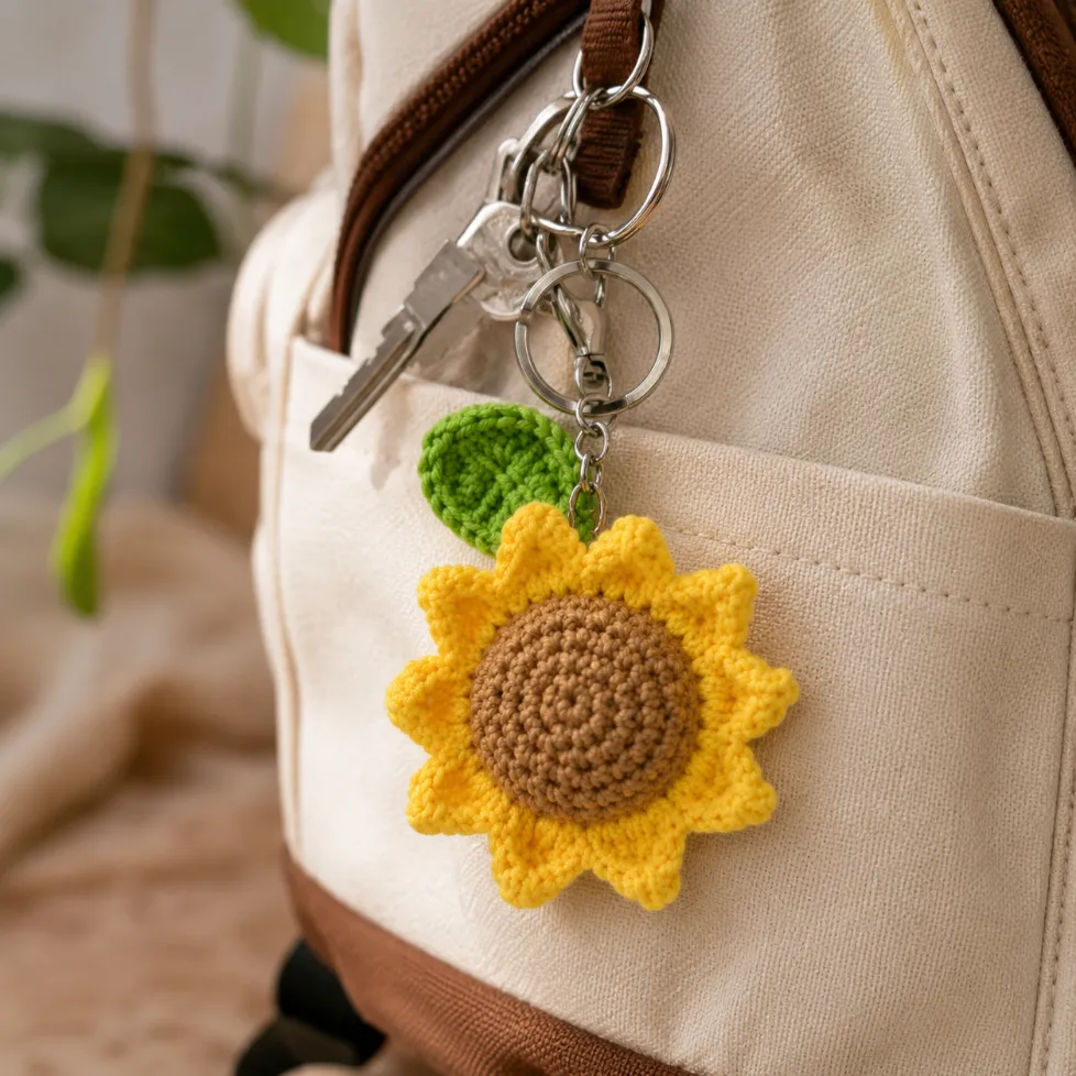 Sunflower Keychain Crochet Pattern for Beginners (Easy!) 2 Handmade crochet sunflower keychain crochet pattern attached to a cream canvas backpack with a silver keyring and green crochet leaf.