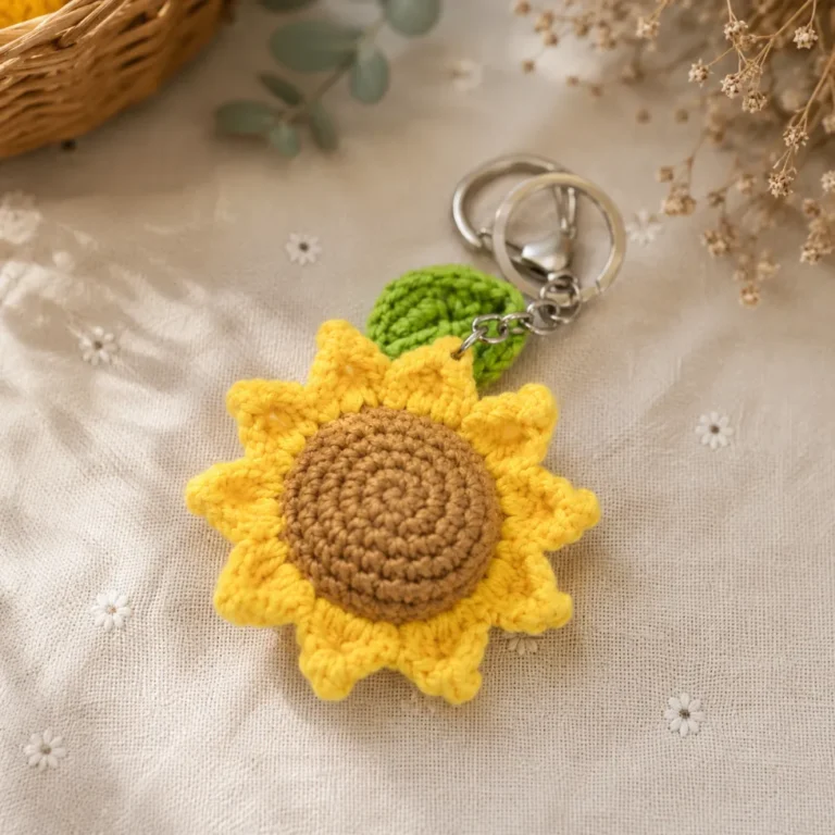 Sunflower Keychain Crochet Pattern for Beginners (Easy!) 5 Handmade crochet sunflower keychain with bright yellow petals, a textured brown center, and a green leaf displayed on soft beige linen fabric.