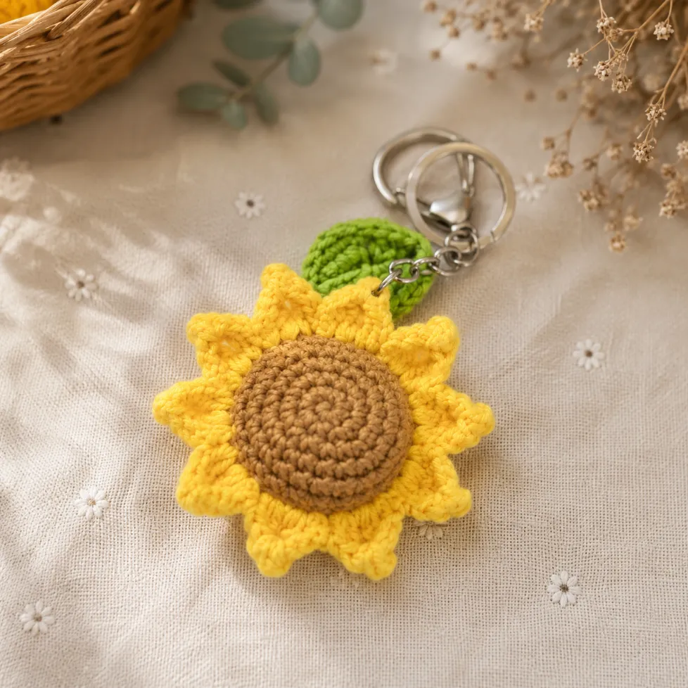 Sunflower Keychain Crochet Pattern for Beginners (Easy!) 1 Handmade crochet sunflower keychain with bright yellow petals, a textured brown center, and a green leaf displayed on soft beige linen fabric.