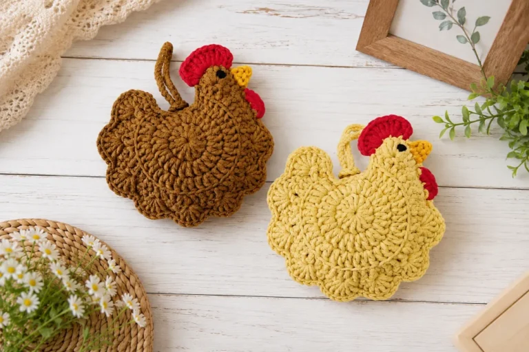 Free Crochet Chicken Mini Bag Pattern You'll Love Making 6 Brown and yellow chicken crochet mini bags displayed on a rustic white wooden background with cozy farmhouse décor, handmade using textured cotton yarn.