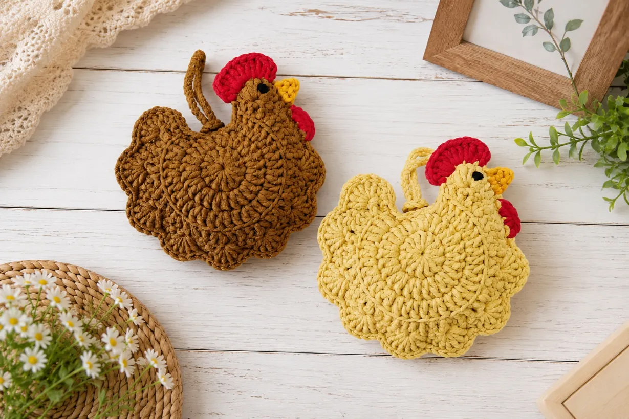 Free Crochet Chicken Mini Bag Pattern You'll Love Making 1 Brown and yellow chicken crochet mini bags displayed on a rustic white wooden background with cozy farmhouse décor, handmade using textured cotton yarn.
