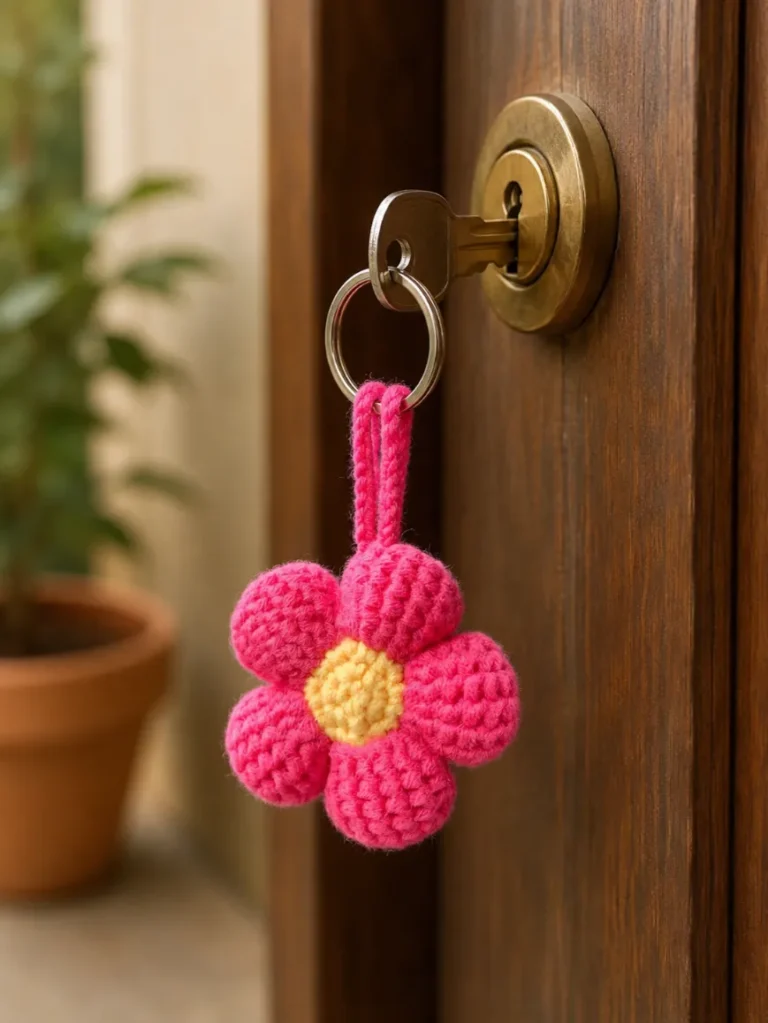 Free Puffy Flower Keychain Crochet Pattern (Quick Gift) 7 Pink puffy crochet flower keychain attached to a house key hanging from a wooden front door lock.