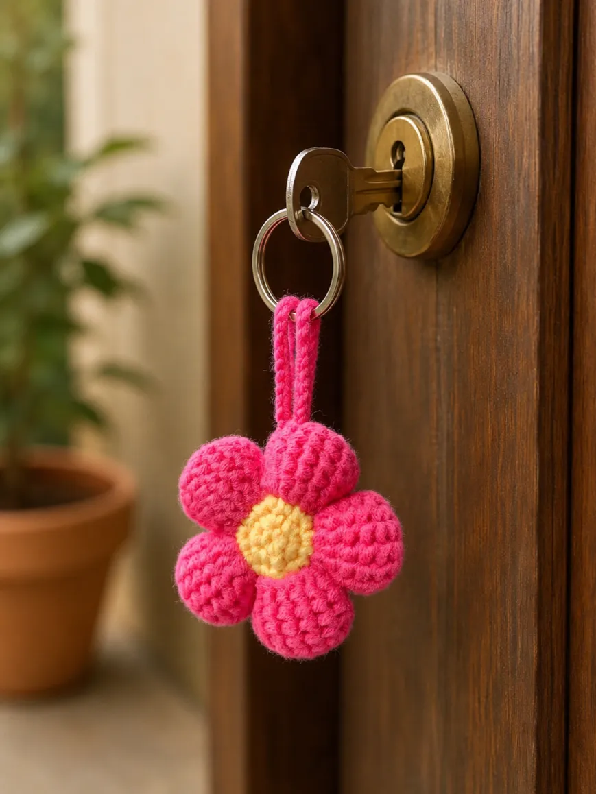 Free Puffy Flower Keychain Crochet Pattern (Quick Gift) 1 Pink puffy crochet flower keychain attached to a house key hanging from a wooden front door lock.