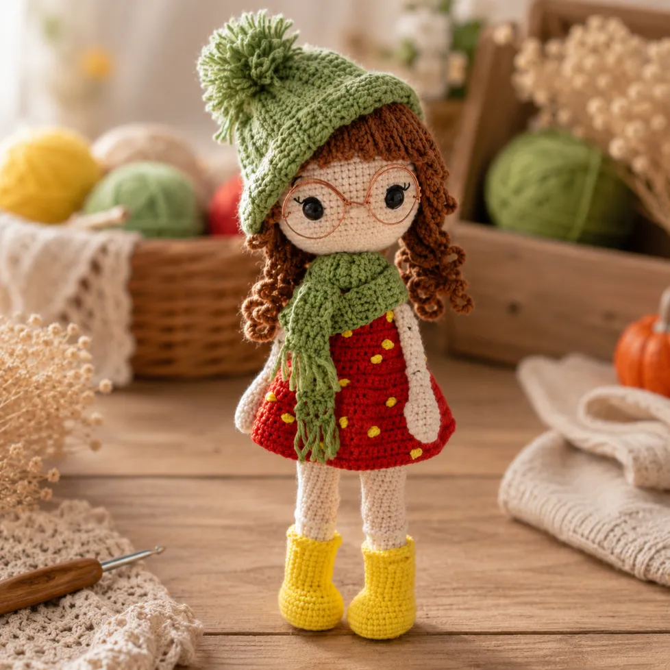 Free Autumn Doll Crochet Pattern for Cozy Fall Crafts 1 Handmade crochet amigurumi doll wearing a green beanie, green scarf, red dress, and yellow boots displayed in a cozy crochet workspace.