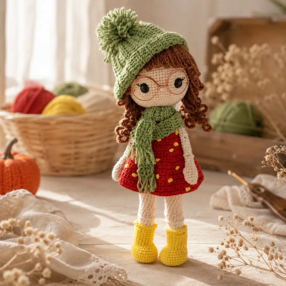 Free Autumn Doll Crochet Pattern for Cozy Fall Crafts 2 Handmade Autumn Doll Crochet Pattern standing on a rustic wooden table wearing a green hat, green scarf, red dress, and yellow boots.